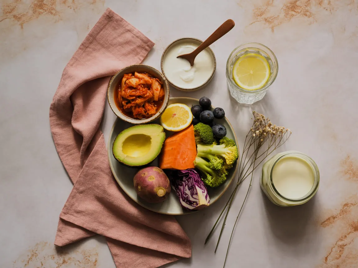 Flat lay of gut-friendly foods including avocado, kimchi, yogurt, salmon, broccoli, and blueberries on a warm marble surface with a dusty rose linen napkin
