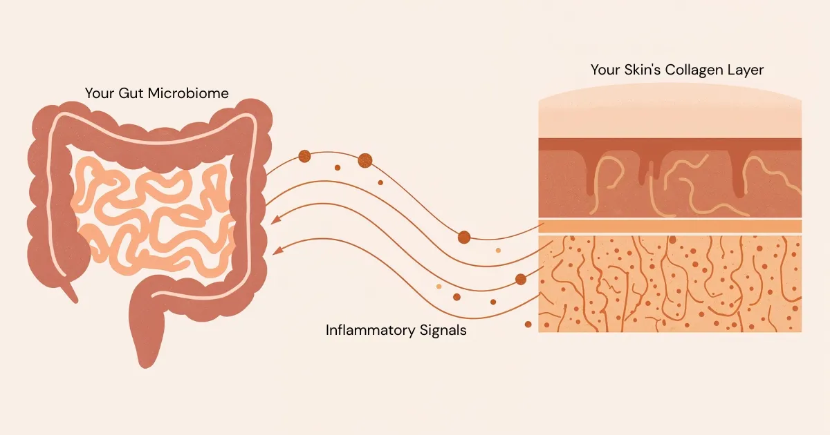 Editorial illustration showing the gut-skin axis — digestive system connected to skin layers with inflammation signals, soft warm palette