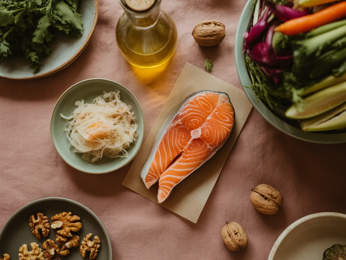 Woman preparing anti-inflammatory foods in a bright kitchen, focusing on gut health and psoriasis